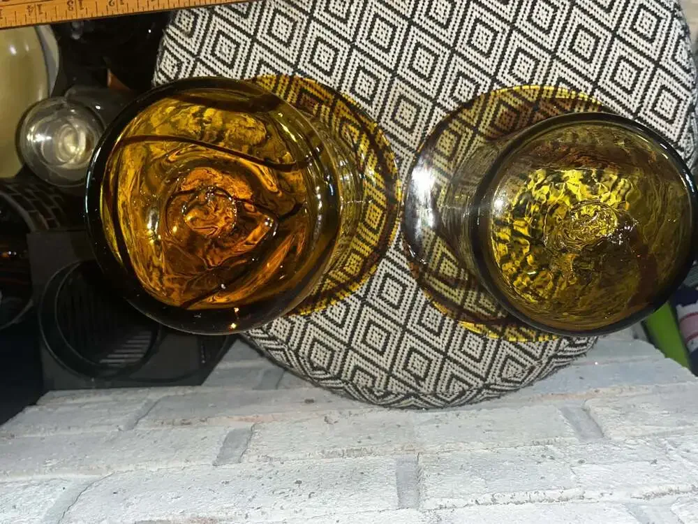 Vintage Hand Blown Art Glass Amber and Brown Swirl Tube Vase Set